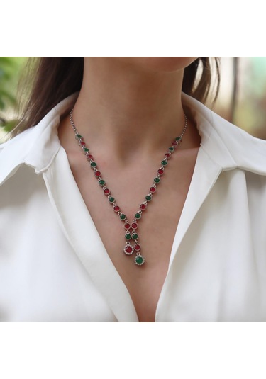 Turmalin Taşlı Su Yolu Otantik Gümüş Kolye Gümüş