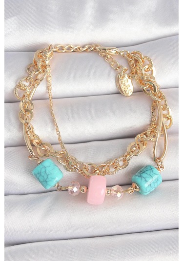 Pirinç Gold Renk Çoklu Zincir Model Mavi Taş Figürlü Kadın Bileklik Çok Renkli