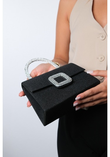 Valeria Siyah Simli Taşlı Kadın El Çantası Siyah Simli