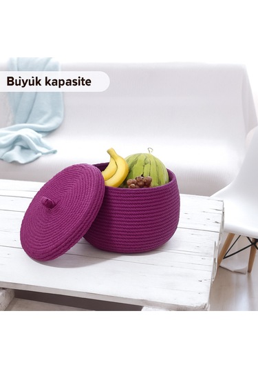 Mutfak, Banyo Ve Ev İçin Halat Hasır Sepet 17x21 Cm Kapaklı Saklama Sepeti Honeypot Mürdüm