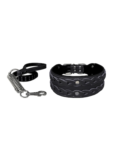 Markapet Elegance Deri İşlemeli Lüks Köpek Tasma Seti XL 7 x 60-68 CM Siyah