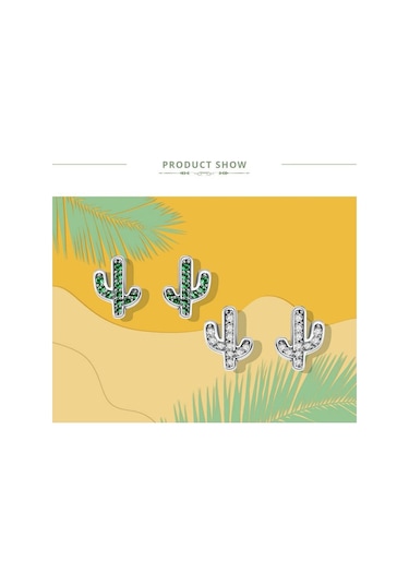 Bamoer 925 Ayar Gümüş Göz Kamaştırıcı Yeşil Kaktüs Kristal Saplama Küpe Kadınlar İçin