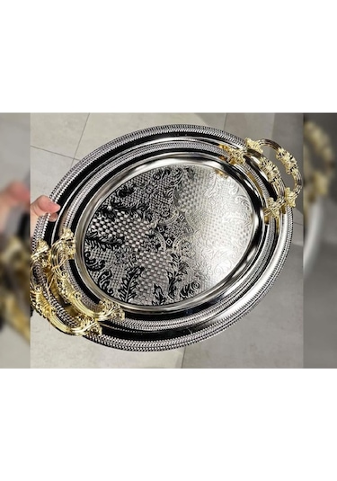 Lüx 2'li Kararmaz Gümüş Oval Servis Sunum Çay Kahve Tatlı Tepsisi 3857 Gümüş