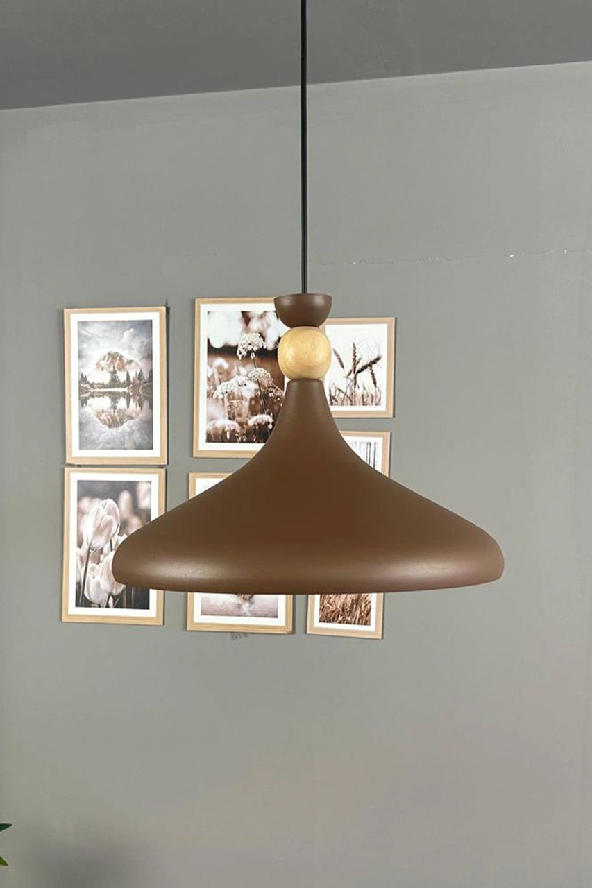 Sütlü Kahve Ahşap Şapka Tekli Avize Sarkıt Salon Mutfak Cafe Butik Lamba Aydınlatma Avizeler Sütlü Kahve