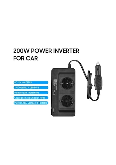 Besthome1 Araba Çakmaklığı Usb Invertör - 220v Ac 200w 12v Dc Dönüşüm Siyah Anahtarlı
