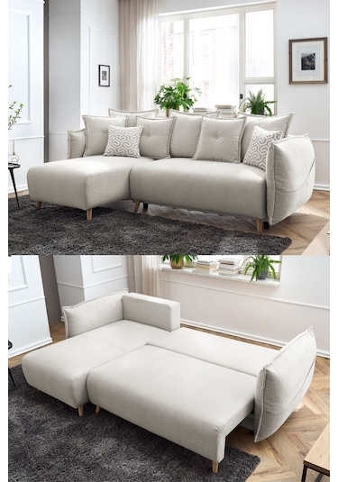 Puffy Sandıklı Köşe Koltuk Krem Sol Köşe Krem