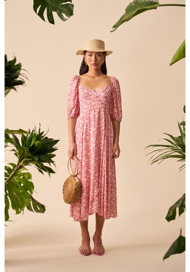 Düğme Detaylı Midi Elbise Beyaz