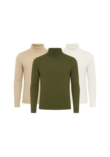 3'lü Paket Yarım Boğazlı Erkek Kazak Bej - Haki