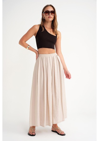 4612 Kadın Yandan Cepli Pileli Bol Etek Bej Bej