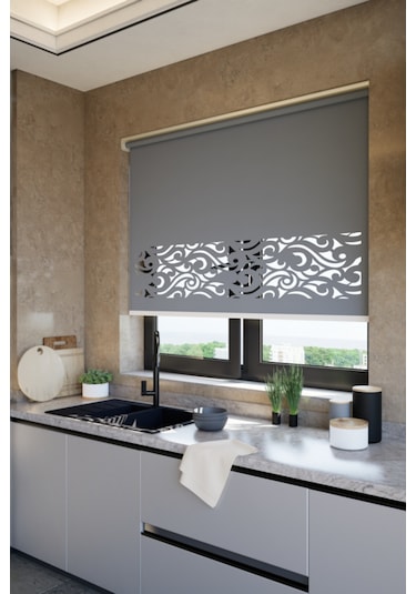 Lazer Kesim Mat Stor Perde, Lazer Kesimli Klasik Serisi, C-8005 Gri Renk Gri