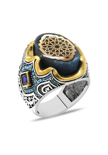 Turkuaz Kehribar Üzeri Anadolu Motifli Yanları Gravür İşlemeli 925 Ayar Gümüş Erkek Yüzük