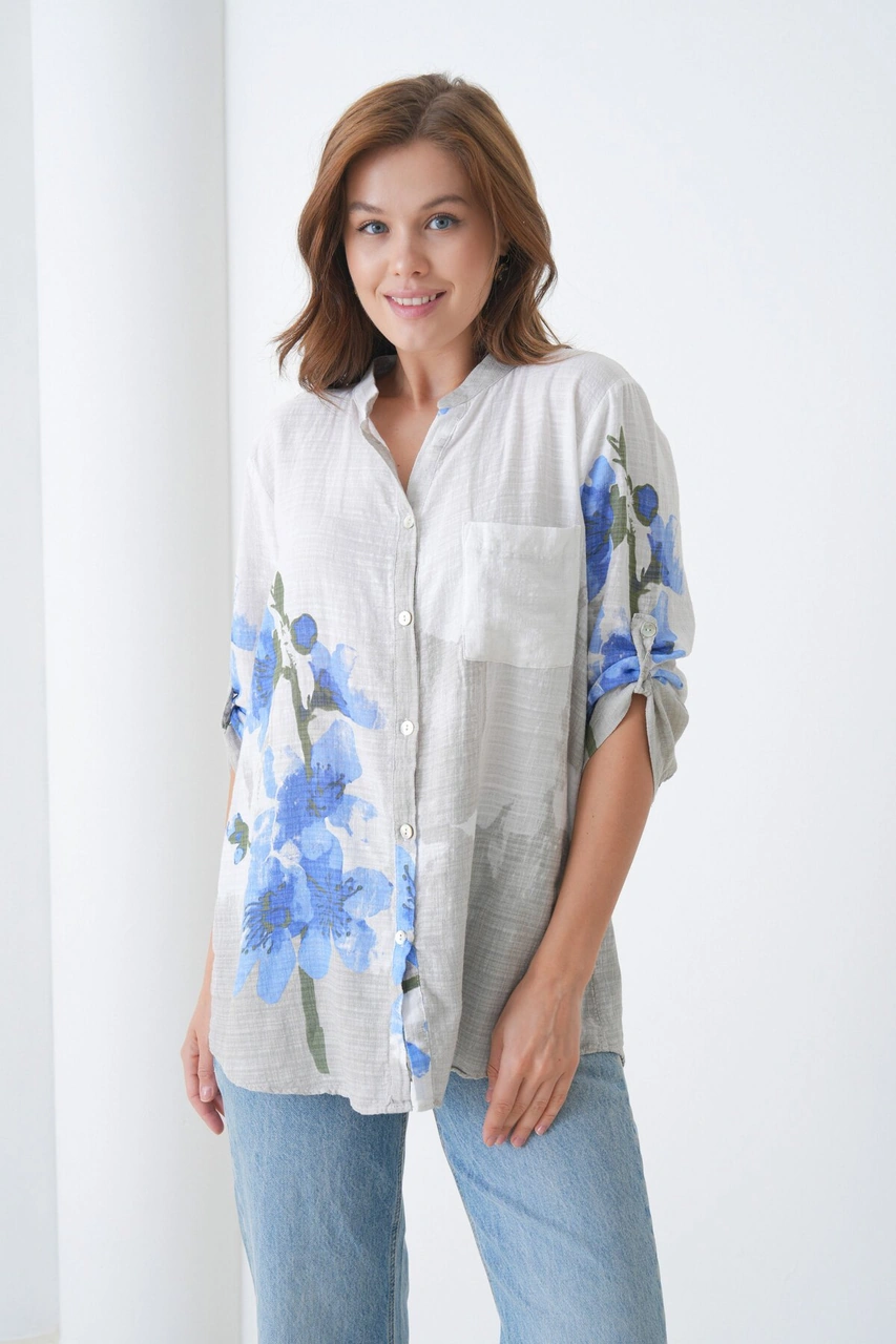 Kadın Tesettüre Uygun Uzun Kol Pamuk Şık Büyük Beden Desenli Curve Rahat İtalyan Keten Gömlek Mavi