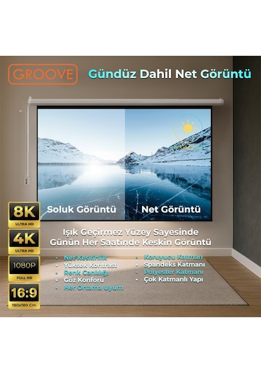 Groove Vizio Pro 180x180cm Blackout Işık Geçirmez Elektrikli Otomatik Kumandalı Projeksiyon Perdesi +motorlu+canlı Renkler+göz Koruması+leke Tutmaz Projector