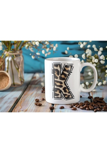 K Baş Harf Leopar Desenli Kupa Bardak - Kişiye Özel Feminen Konsept Hediye - Vahşi Hayvan Desenli Beyaz