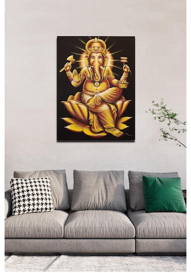 Altın Ganesh Figürü Lotus Çiçeği Üzerinde Tuval Tablo-116