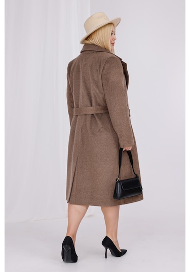 Kadın Kahve Melanj Yün Kaşe Kemer Ve Astar Detay Büyük Beden Kaban Sütlü Kahverengi