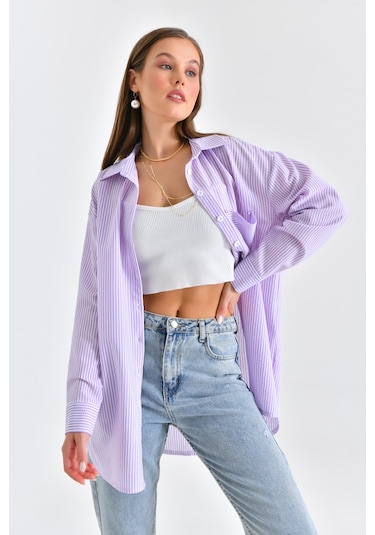 Saade Lila Bürümcük Detaylı Çizgili Gömlek Bej
