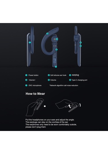 Konesam Mavi Tek Kulaklı Bluetooth 5.2 Kulaklık - Enc Gürültü Azaltma, 180 Döner Kanca,免提 Arama, Hifi Ses, 10 Saat Çalma Süresi