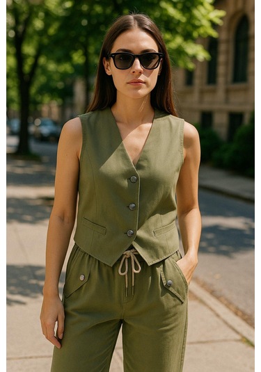 Keten Takım - Haki Yelek & Pantolon İkili Kombin - Modern Fit Yazlık Şık Takım Çok Renkli