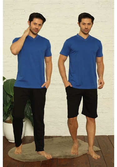 Akbeniz Erkek Sax V Yaka 3'Lü Pijama Takım 6822-Saks Saks Mavisi