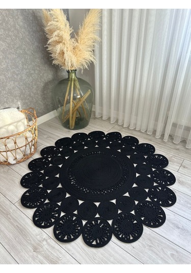 Natura El Dokuma Jüt Bohem Tarz Otantik Salon Oturma Odası Koridor Natural Halı Pamuklu Halı Siyah