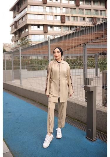 Tesettür Eşofman Takımı Fermuarlı Ikili - Tunik Pantolon Bej 474 Bej