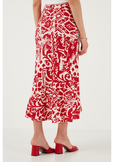 Lela Regular Fit Desenli Yüksek Bel Volanlı Midi Boy Yırtmaçlı Bayan Etek 5869013 Bordo