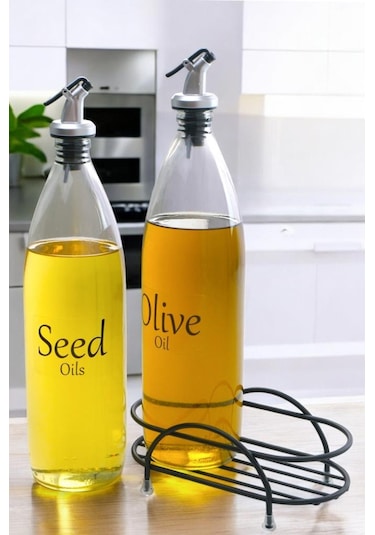 Digithome Aura 2'li Siyah Metal Standlı Yağdanlık Seti Şeffaf Etiketli Cam Yağlık 1000 Ml Cys-17 Siyah