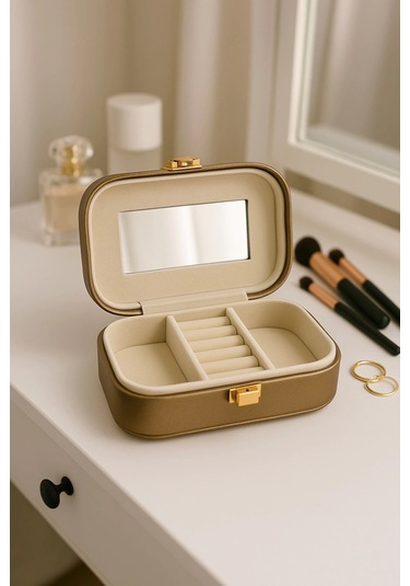 Deri Mini Seyahat Takı Bijuteri Mücevher Kutusu Organizer Düzenleyici 15cm Bronz İthal Ürün