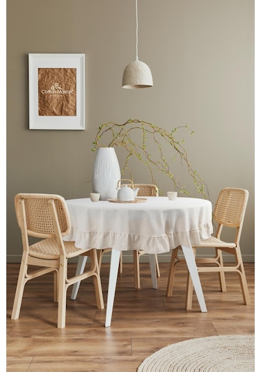 Naturel Fırfırlı Masa Örtüsü Vintage Yuvarlak Krem
