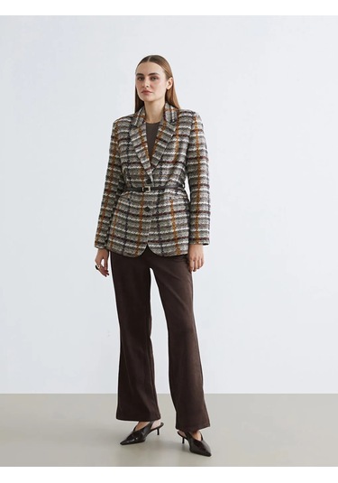 Lc Waikiki Bej Ekose Kemerli Kadın Tüvit Blazer Ceket