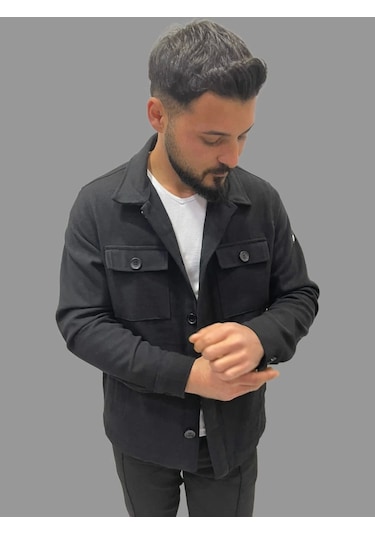 Erkek Cep Detaylı Kışlık Siyah Kaşe Gömlek Siyah