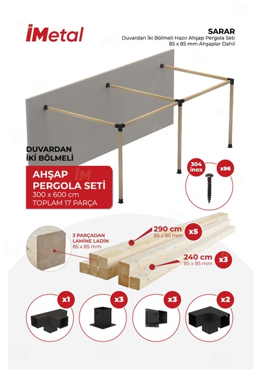 Sarar Duvardan İki Bölümlü Hazır Ahşap Pergola Seti Ahşap Dahil