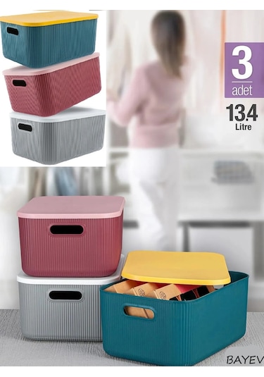 Bayev 3 Adet 13 Litre Storage Mix Dolap Düzenleyici Kapaklı Kutu - Kıyafet Çorap Saklama Kutusu Çok Renkli