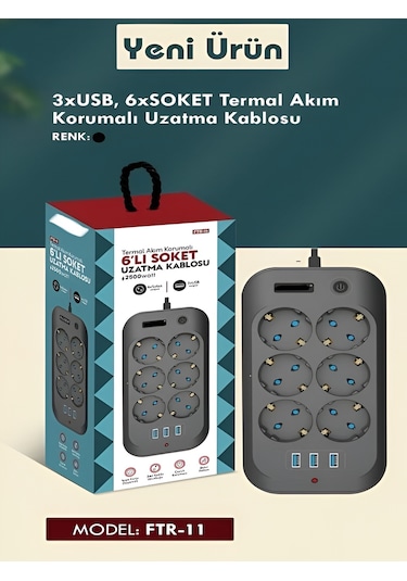 Ftr11 3xusb 6xsoket Termal Akım Korumalı 2 Metre Uzatma Kablolu A