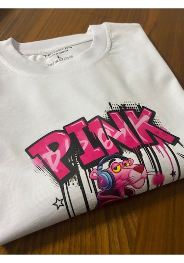 Pembe Panter Baskılı Oversize Erkek Pamuklu T-shirt Beyaz