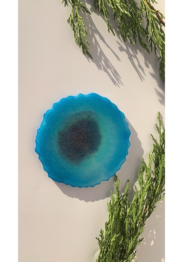 Deniz Mavi Yeşil Tonlu Simli Dalgalı Yuvarlak Epoksi Bardak Altı Diğer