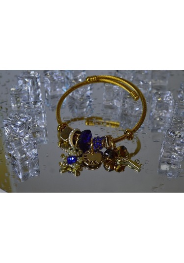 Uzel Çelik Sarı Gold Model Anahtarlı Ayıcık Charmlı Çelik Bileklik Mavi
