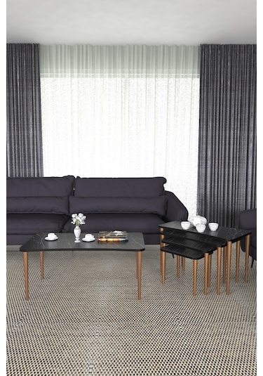 Aleyna 5li Orta Sehpa ve Zigon Sehpa Ahşap Ayaklı – Siyah Mermer