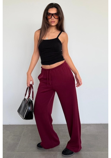 Bordo Geniş Paça Barrel Fit Eşofman Altı Mg2646 Bordo