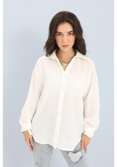 Gömlek Dantel Detaylı Keten - Ekru-ekru Ekru