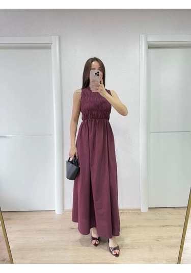 Kolsuz Göğüs Lastıklı %100 Poplin Uzun Elbise - Bordo Bordo