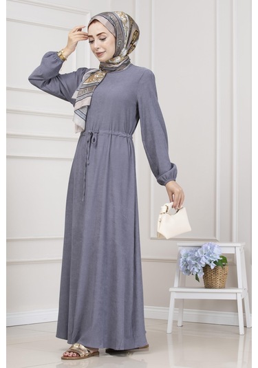 Beli Tünelli Fitilli Aslı Elbise-gri-5467 Gri