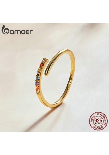Bamoer 925 Ayar Gümüş Basit Şık Renk Zirkon Altın Kaplama Ayarlanabilir Yüzük Kadınlar İçin Güzel Takı
