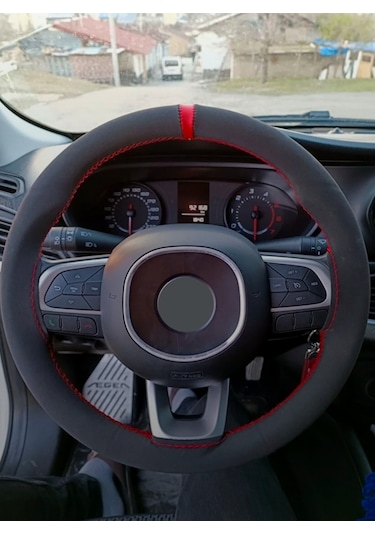 Dikmeli Direksiyon Kılıfı Alkantara Kırmızı Yüzüklü Fiat Doblo Uyumlu 38 10.5cm