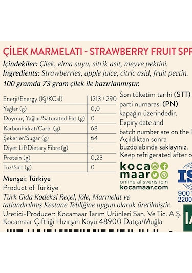 Kocamaar Çiftliği Çilek Marmelatı (Rafine Şeker İlavesiz) 260 gr