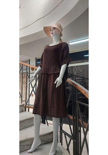 İtalyan Müslin Keteni Üstü File Bluzlu Astarlı Tek Parça Elbise Kahve Rengi Kahverengi