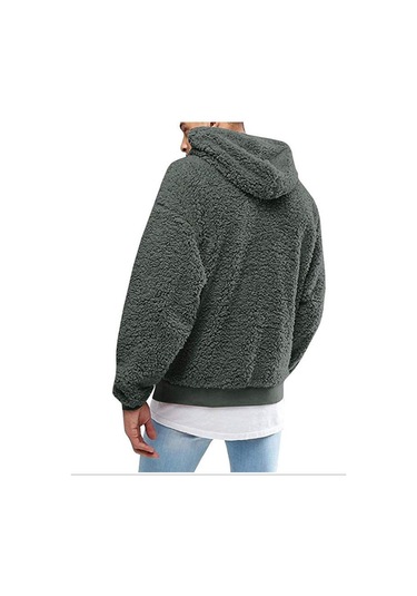 Erkekler Kalın Polar Peluş Sıcak Hoodie Kazak Kış Peluş Kürk Kapşonlu Tişörtü Yeşil