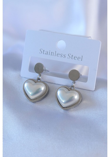 316l Çelik Gümüş Renk İncili Kalp Model Kadın Küpe Çok Renkli