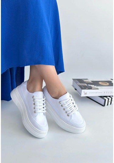 Carin Beyaz Keten Bağcıklı Spor Ayakkabı Beyaz